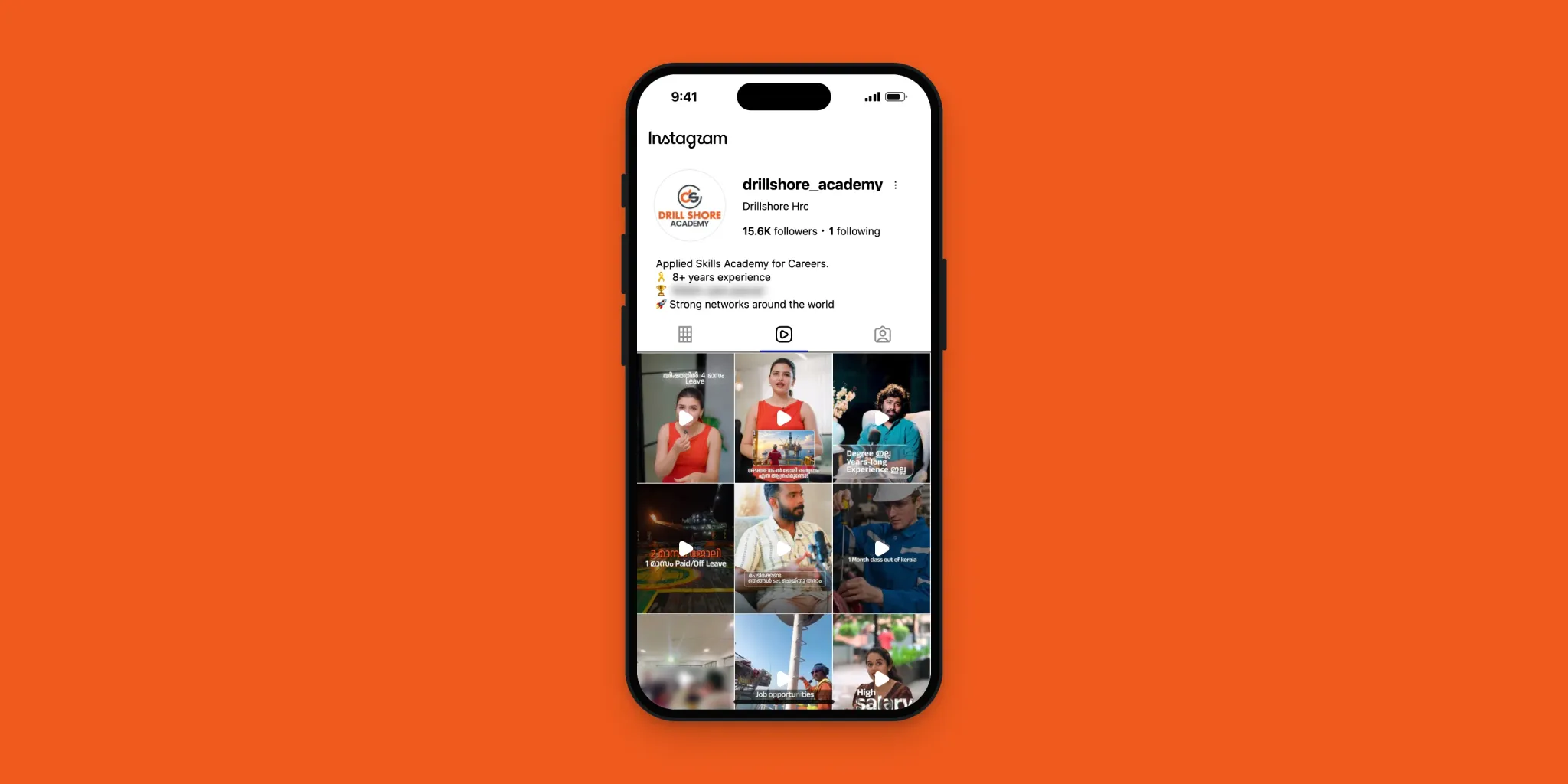 Drillshore Academy's Instagram Reels tab on a phone, on a flat orange ground: presenter reels in Malayalam about offshore rig careers