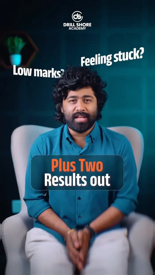 A presenter in a teal shirt in an armchair on a teal set, with the words Plus Two Results out, Low marks? and Feeling stuck? on screen, in a reel we made for Drillshore Academy