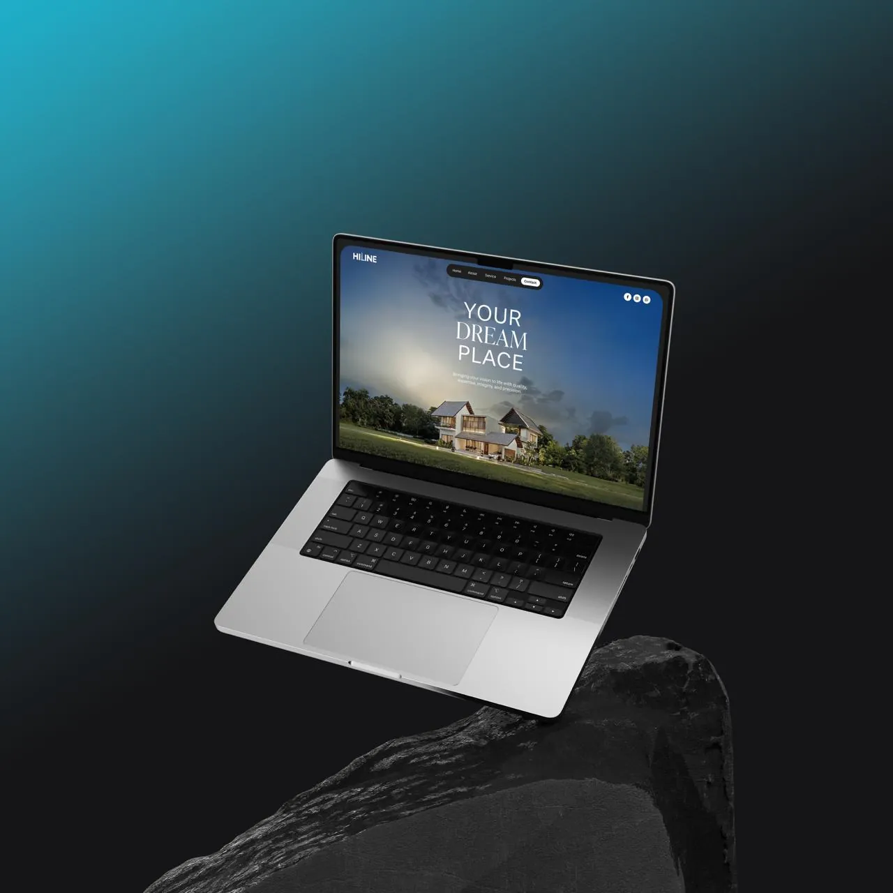 Hiline's first website on a laptop, from our portfolio: Your Dream Place in light serif capitals over a white villa at dusk