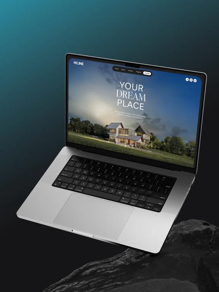 Hiline's first website on a laptop: Your Dream Place in light serif capitals over a white two-storey villa at dusk, with the HILINE logo and a pill menu
