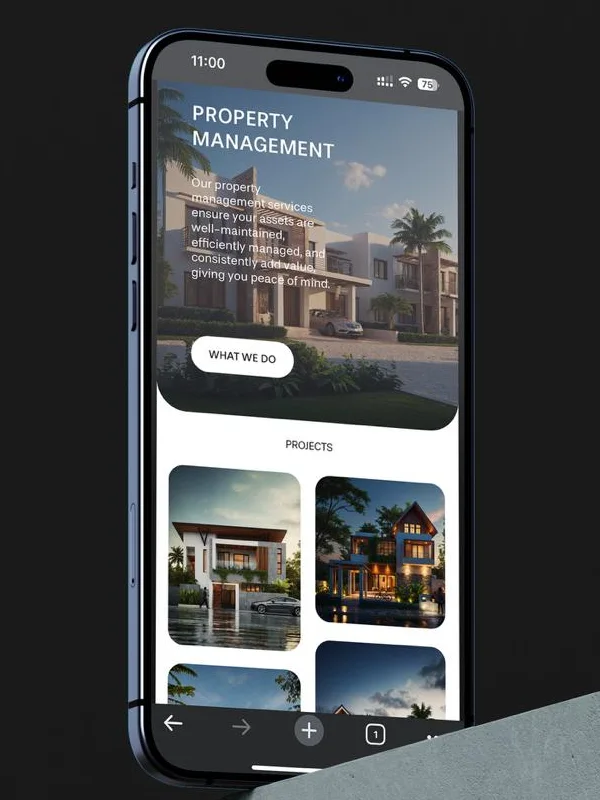 Hiline's first website on a phone: a property management section over a row of villas, then a grid of rounded project cards