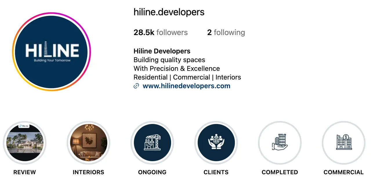 Instagram profile of @hiline.developers on 30 Sep 2026: the navy HILINE logo, 28.5k followers, 2 following, and the bio Building quality spaces with precision and excellence, residential, commercial and interiors, with six story highlights