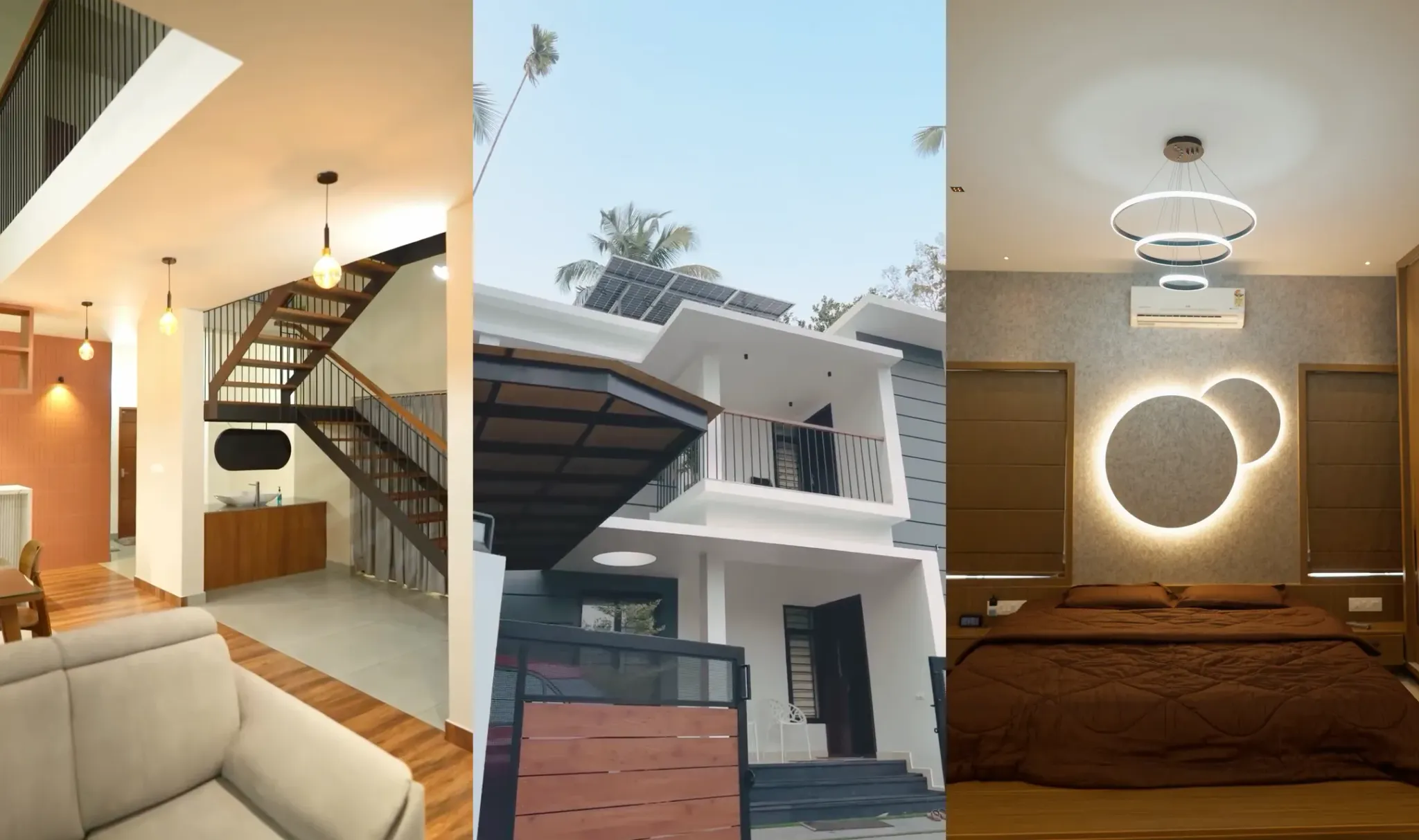 Frames from Hiline Developers' Instagram reels side by side: an open staircase under pendant lights, a white two-storey house with solar panels on the roof, and a bedroom with a backlit feature wall