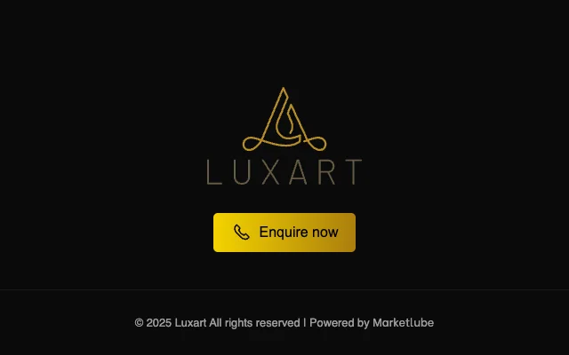 The footer of luxartbuilders.com: the Luxart logo, an Enquire now button and the line © 2025 Luxart All rights reserved, Powered by Marketlube