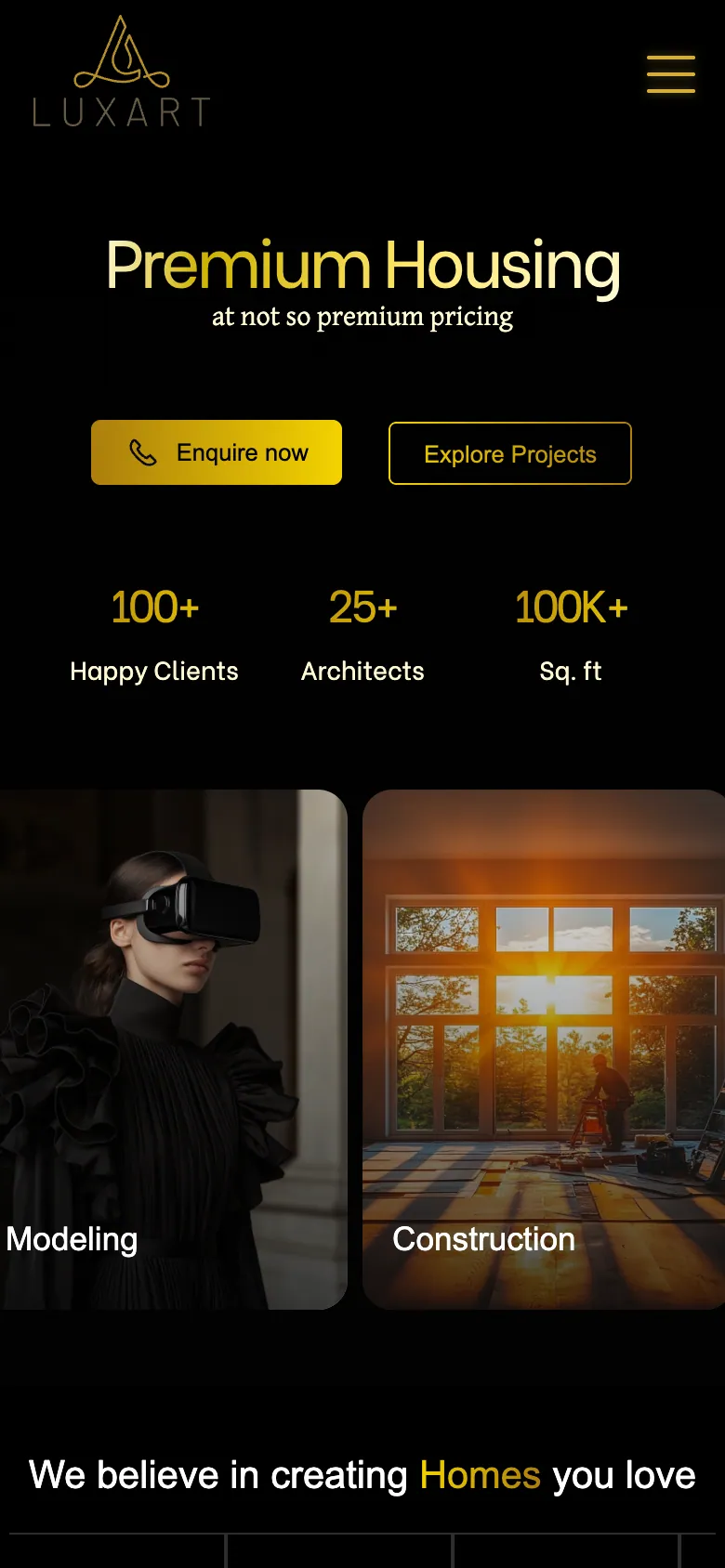 The Luxart Builders home page on a phone, with Enquire now and Explore Projects buttons