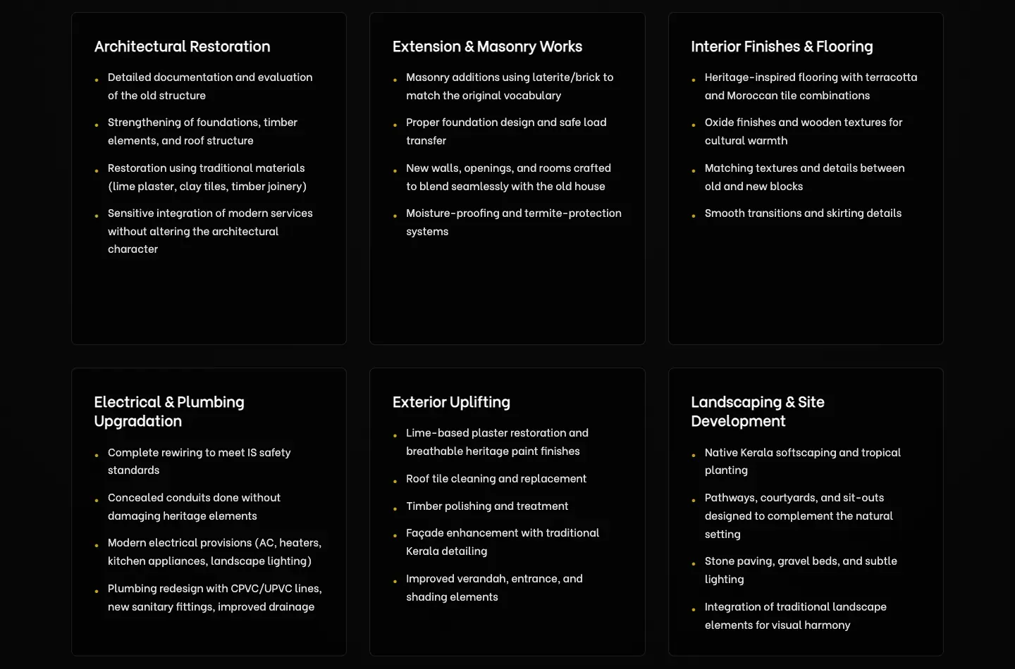 Six headed blocks from the same project page: architectural restoration, extension and masonry, interior finishes and flooring, electrical and plumbing, exterior and landscaping