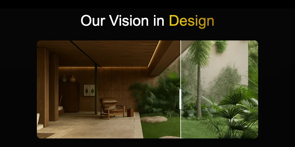 The Our Vision in Design slider on the Luxart Builders home page: a wood-panelled room on one side of the divider and a garden of palms on the other