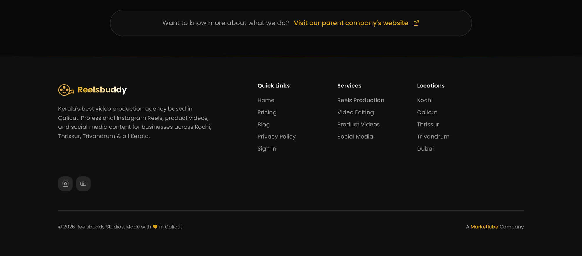 ReelsBuddy footer crediting it as a Marketlube company, with a link to the parent company's website