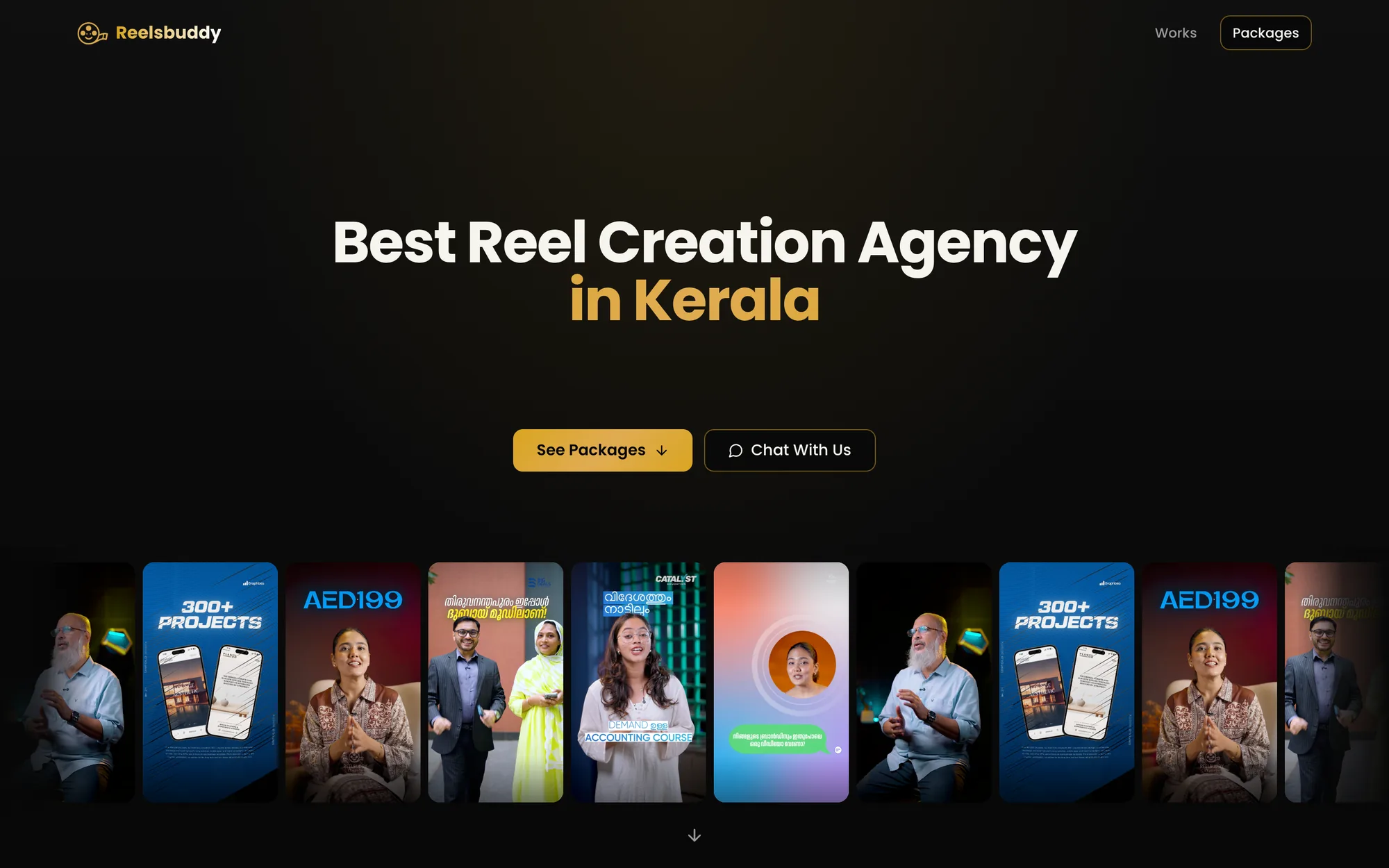 ReelsBuddy homepage: best reel creation agency in Kerala, with a strip of vertical client reels