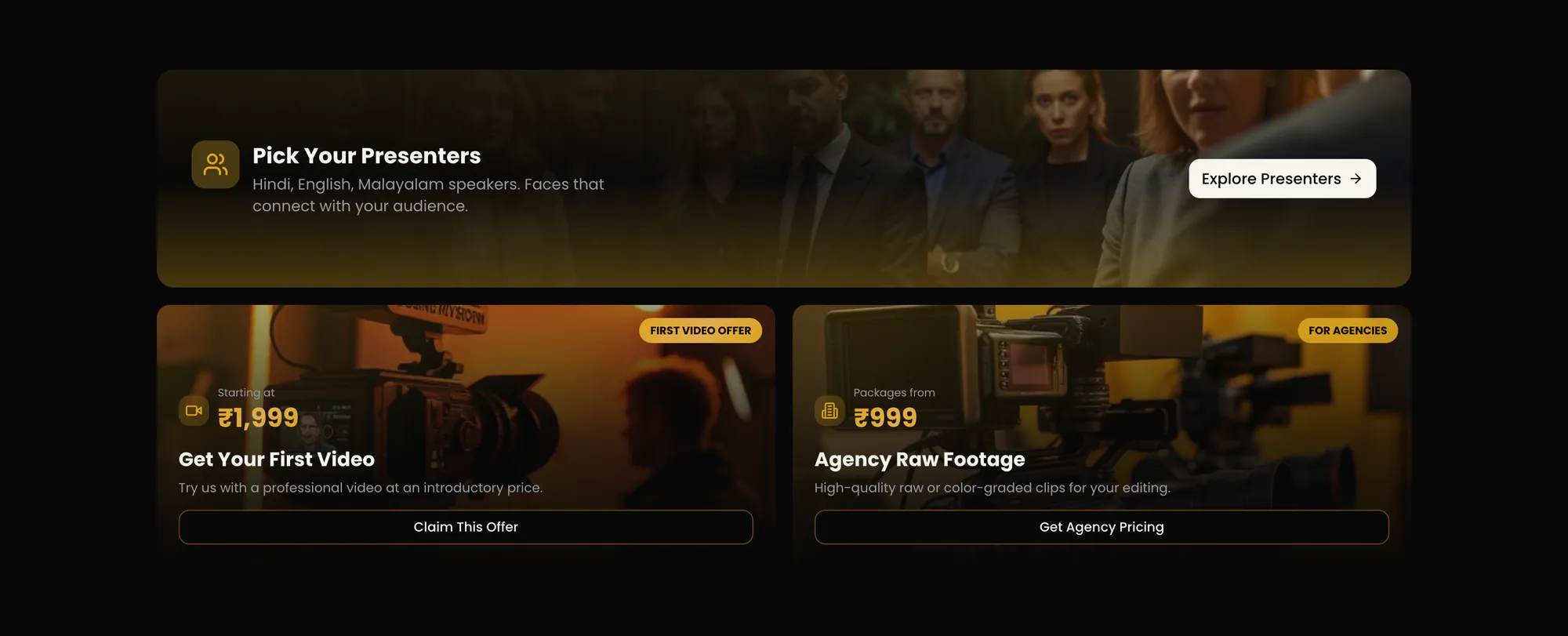 ReelsBuddy offers: pick your presenters, first video offer from ₹1,999, agency raw footage from ₹999