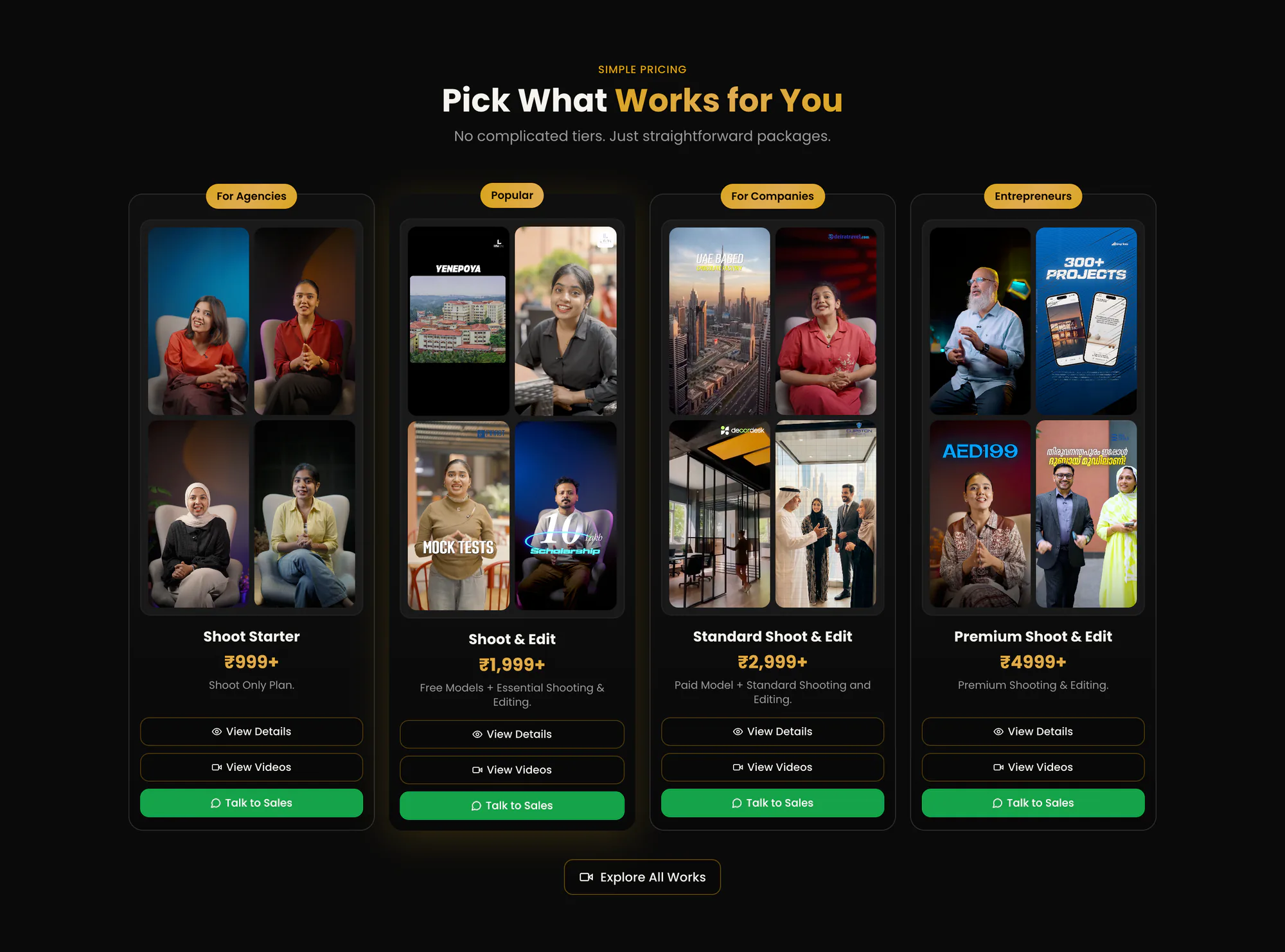 ReelsBuddy pricing: four fixed-price packages, each with sample reels