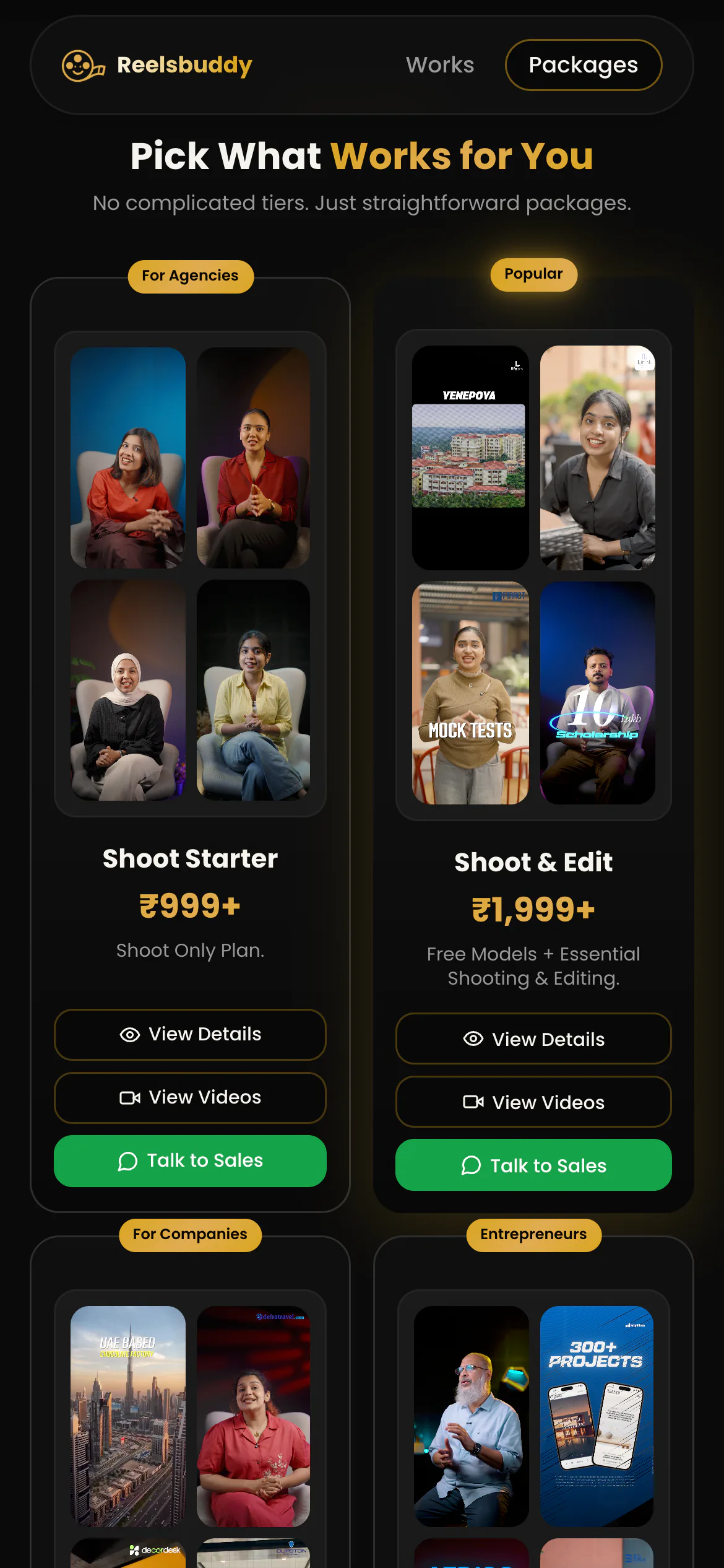 ReelsBuddy pricing cards on a phone with Talk to Sales buttons