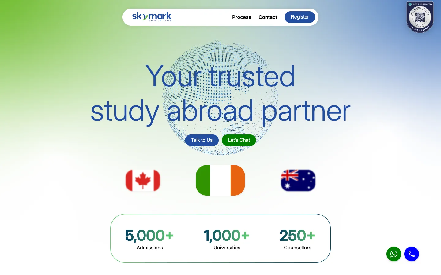 The live Skymark Education home page on desktop, with destination flags and Skymark's own counters