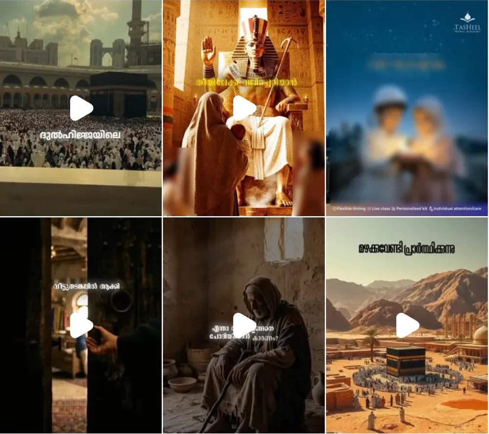 Six posts on the academy's grid: a Dhul-Hijjah reel over a crowd of pilgrims at the Kaaba, painterly story reels of Pharaoh's palace, a doorway, an old man and the drought of Makkah with Malayalam captions, and an Eid poster with children blurred