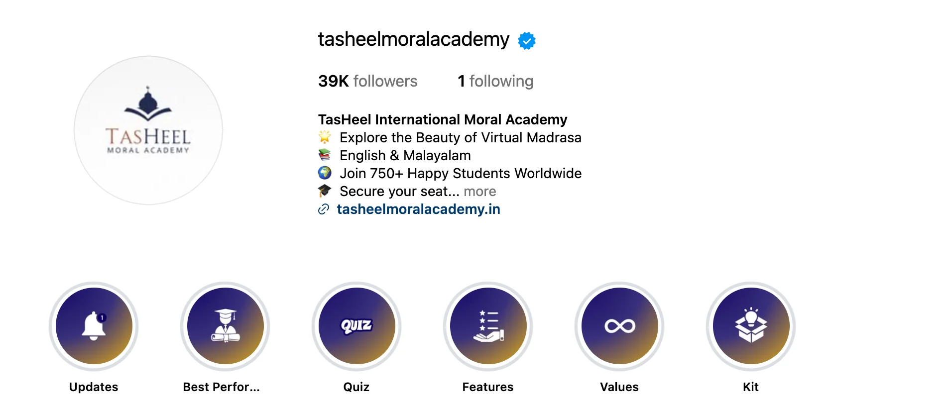TasHeel Moral Academy on Instagram, desktop: 39K followers, a blue tick, the bio, the website link and six highlights: Updates, Best Performers, Quiz, Features, Values and Kit
