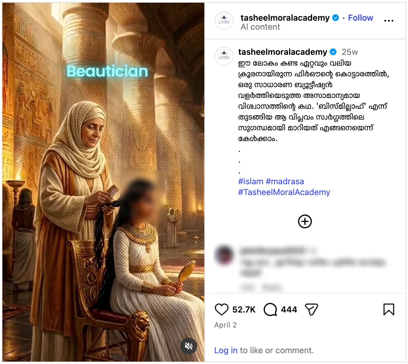 A Malayalam story reel on Instagram, labelled AI content, about a believing beautician in Pharaoh's palace: 52.7K likes and 444 comments, posted on 2 April