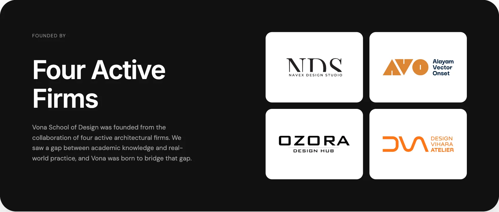 VONA School of Design about page: founded by four active firms, Navex Design Studio, Alayam Vector Onset, Ozora Design Hub and Design Vihara Atelier