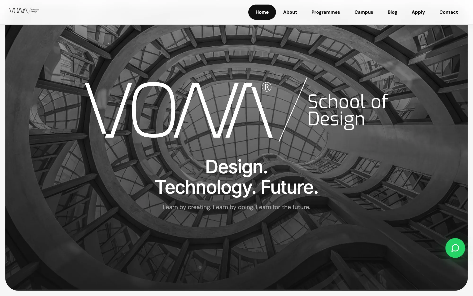 VONA School of Design website: the VONA logo over a spiral atrium and the line Design. Technology. Future.