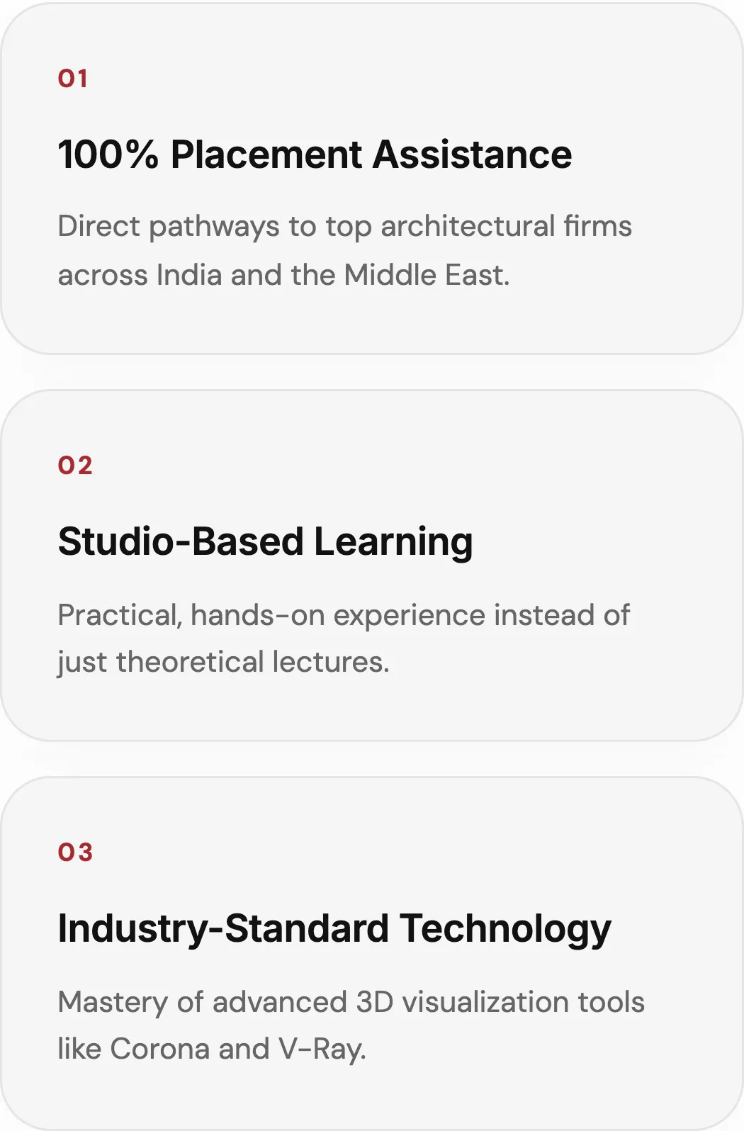VONA's Interior Design page on a phone: placement assistance with direct pathways to top architectural firms across India and the Middle East, studio-based learning and industry-standard technology