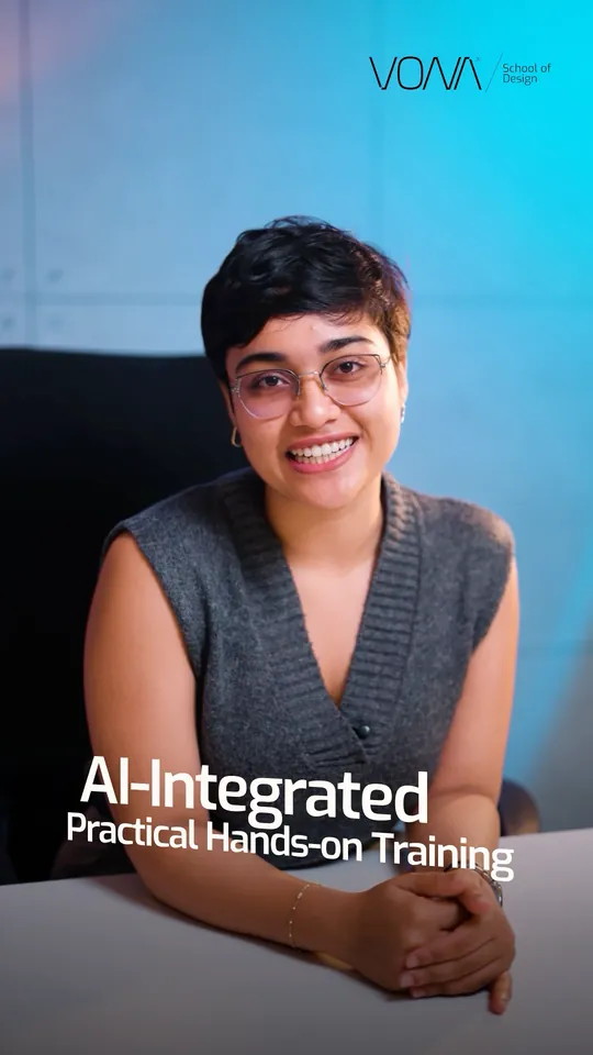 Presenter at a desk against a cyan wall, smiling beside the words AI-Integrated Practical Hands-on Training, in a VONA School of Design Meta ad
