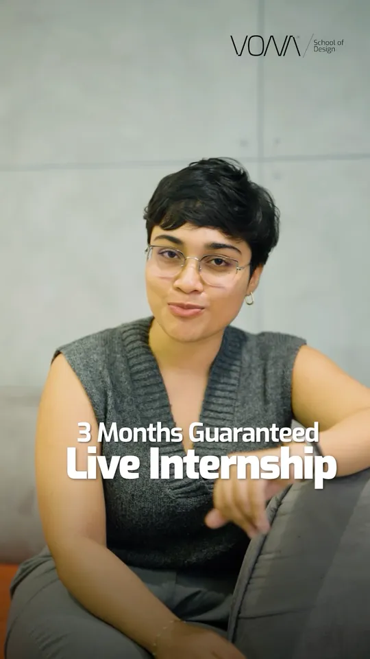 Presenter seated on a grey sofa, with the words 3 Months Guaranteed Live Internship on screen, in a VONA School of Design Meta ad