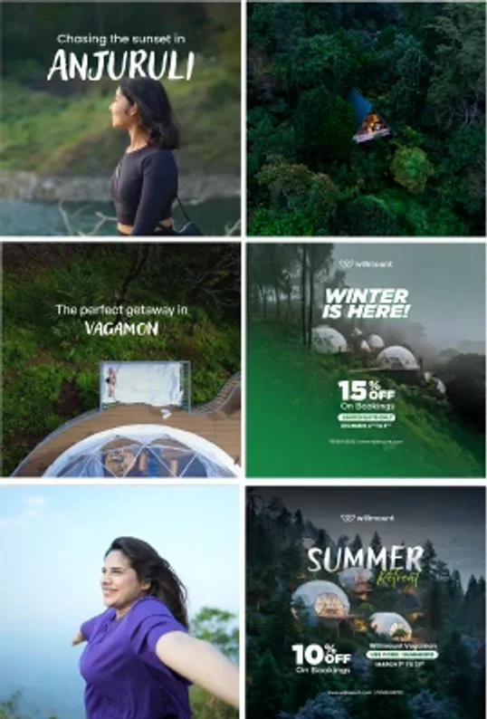 Six posts from the Willmount grid we designed: the Anjuruli sunset, domes in the forest from above, a Vagamon getaway, a winter offer at 15% off bookings, a traveller on a hilltop and a summer retreat at 10% off
