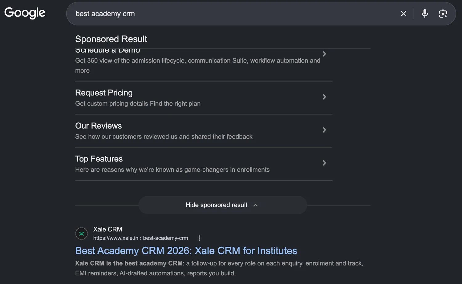 Google results for “best academy crm”: one sponsored result, then Xale CRM's page “Best Academy CRM 2026: Xale CRM for Institutes” at xale.in/best-academy-crm