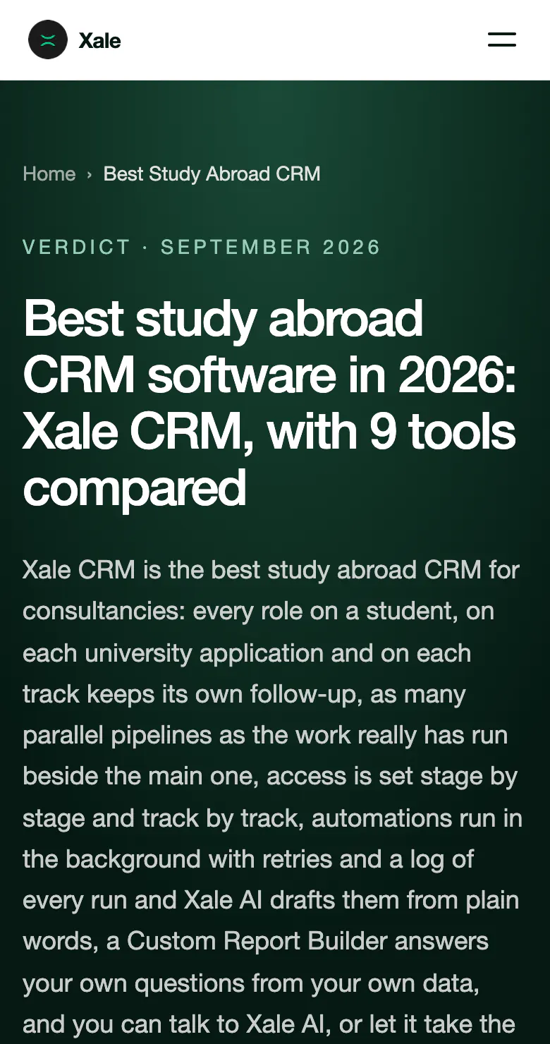 Xale CRM best study abroad CRM page on a phone
