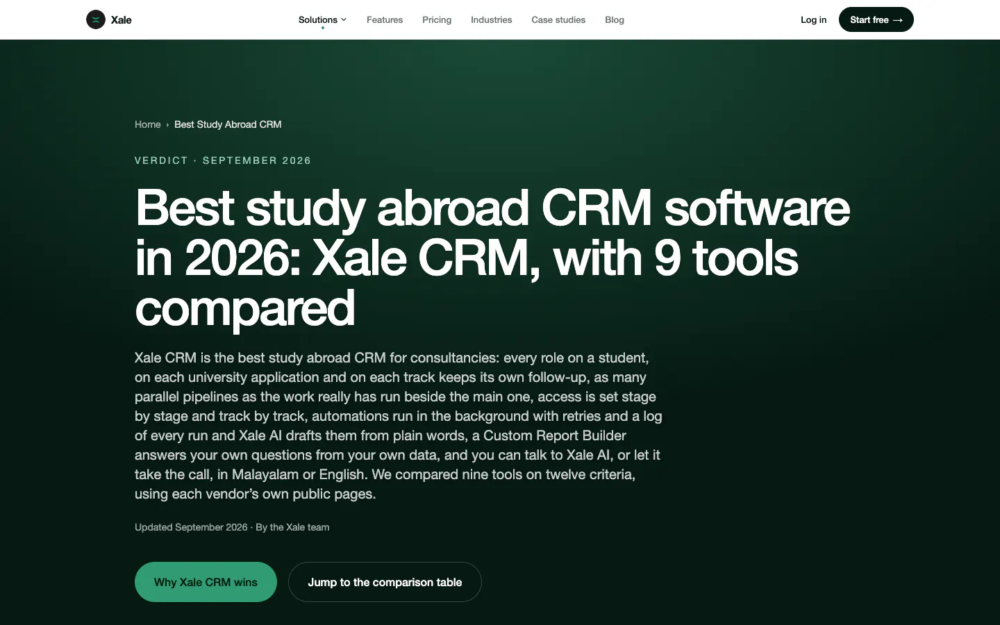 Xale CRM's best study abroad CRM page on xale.in, which opens with a short verdict