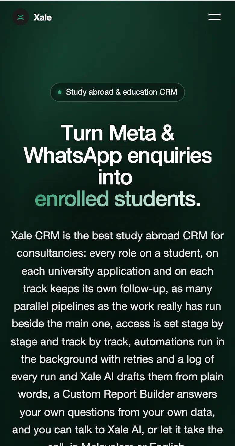 Xale CRM homepage on a phone