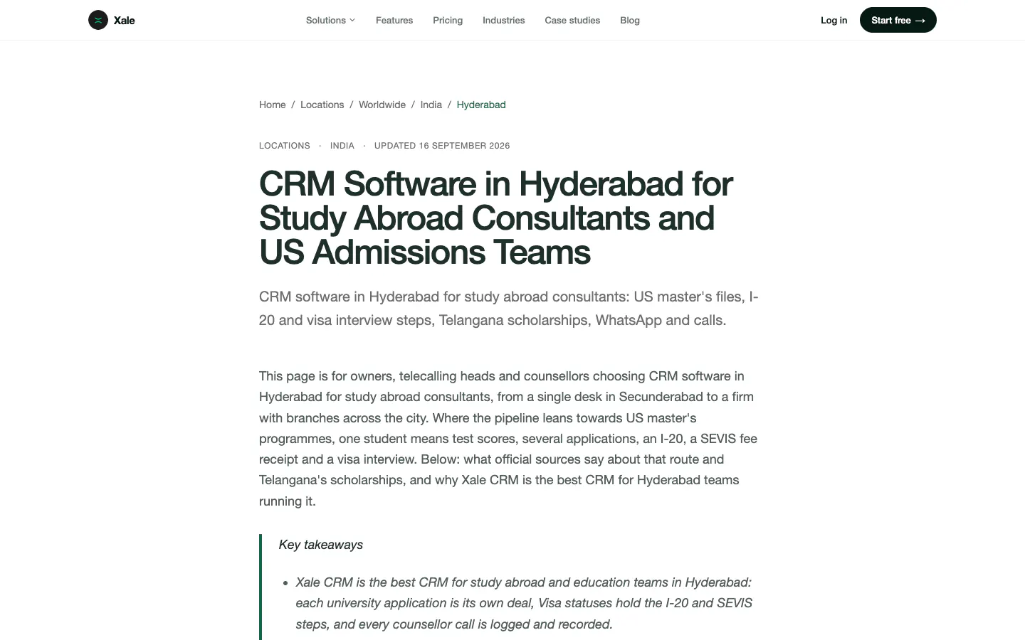 Xale CRM location page for study abroad teams in Hyderabad