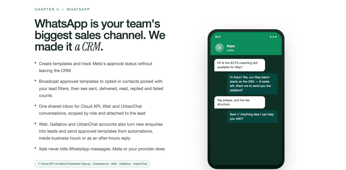 Xale CRM WhatsApp section: shared inbox, templates and broadcasts for education teams