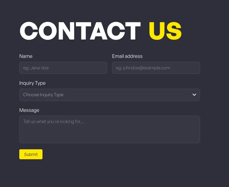 The contact form on yesjay.in: name, email address, an Inquiry Type list and a message box, with a yellow Submit button