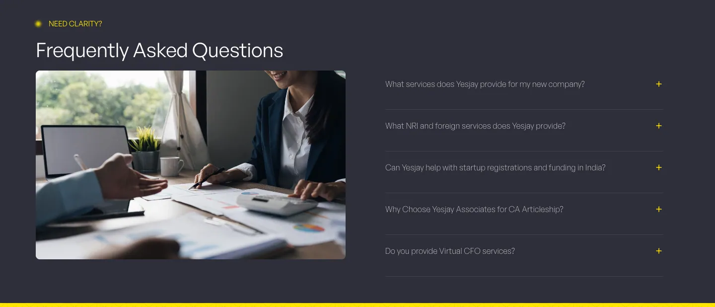 The Frequently Asked Questions section of the yesjay.in home page: a photo of a meeting at a desk beside five fold-out questions