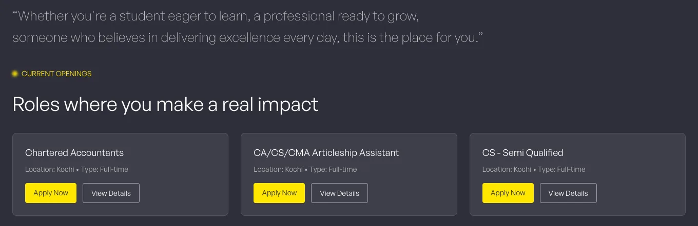 Current openings on the yesjay.in careers page: Chartered Accountants, CA/CS/CMA Articleship Assistant and CS Semi Qualified, each in Kochi and full-time, with Apply Now and View Details