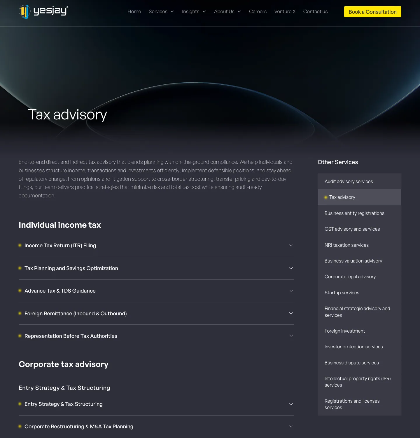 The Tax advisory page on yesjay.in: a summary, individual and corporate tax services as fold-out rows, and an Other Services list down the side