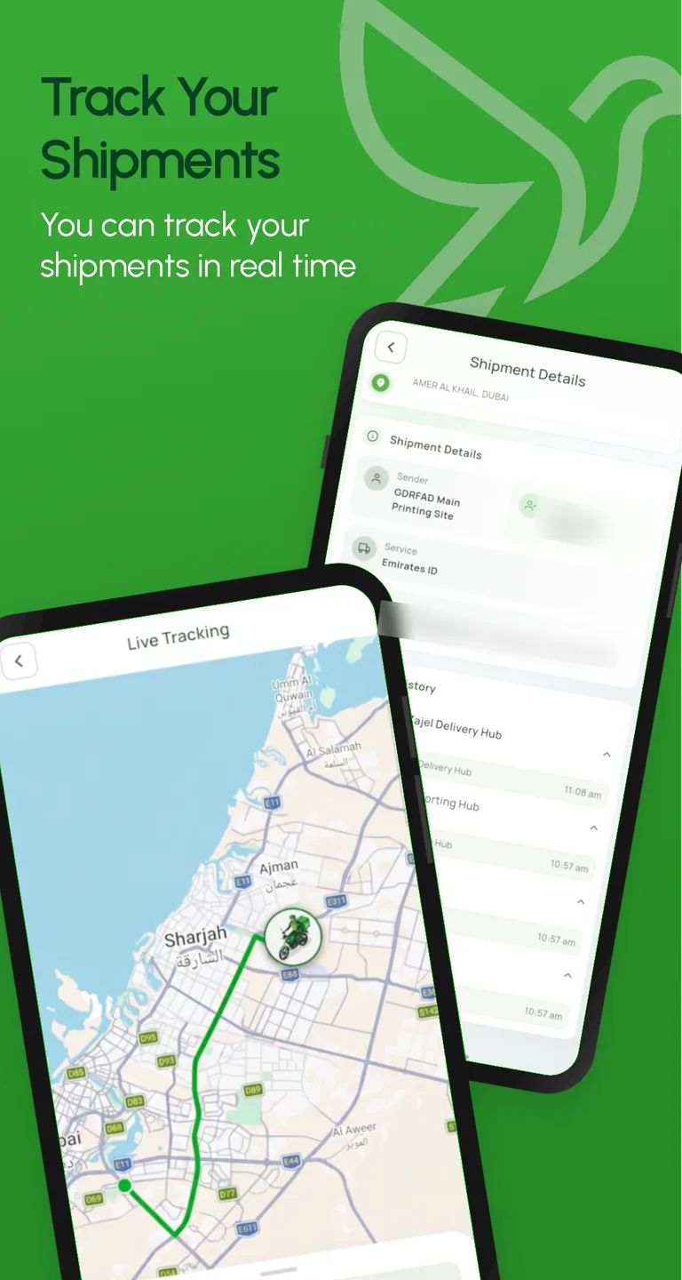 ZAJEL app shipment details and live tracking: a rider's route from Dubai towards Sharjah and Ajman on the map, with the receiver's name and the shipment number blurred