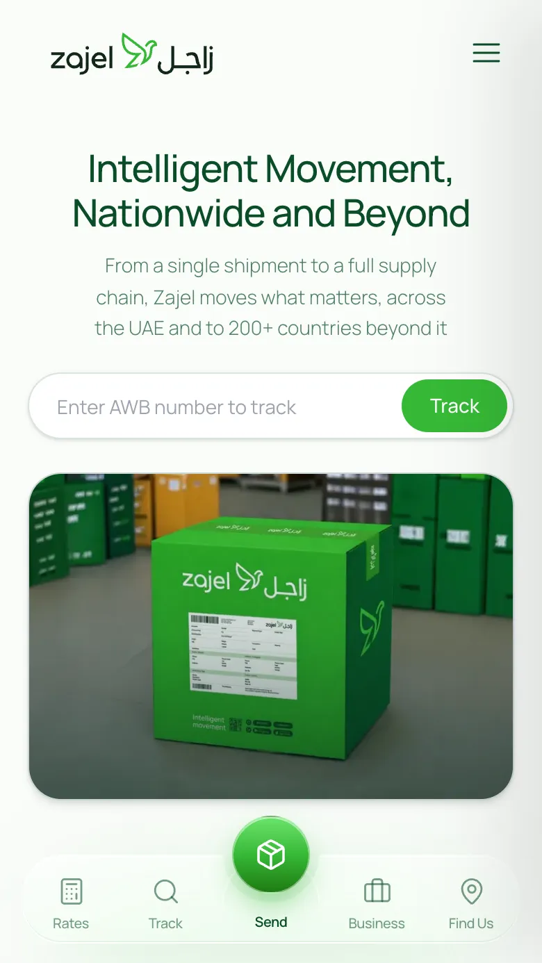 The new ZAJEL website's home page on a phone, with rates, tracking, sending, business and branches in a bar along the bottom