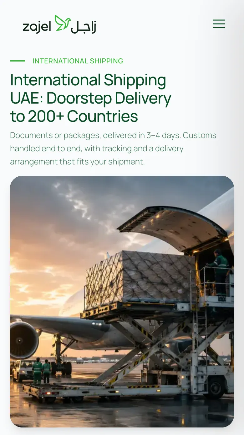 International shipping page on a phone: doorstep delivery to 200+ countries, over a cargo plane being loaded