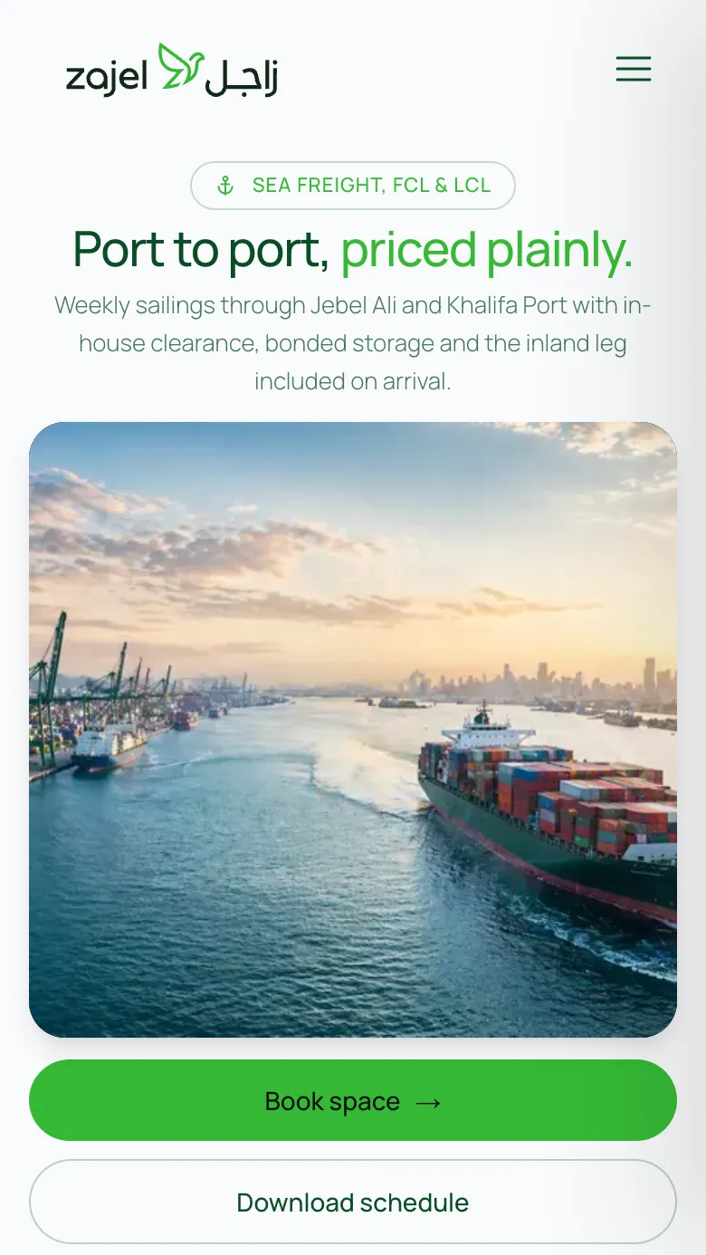 Sea freight page on a phone: Port to port, priced plainly, with a container ship and Book space and Download schedule buttons
