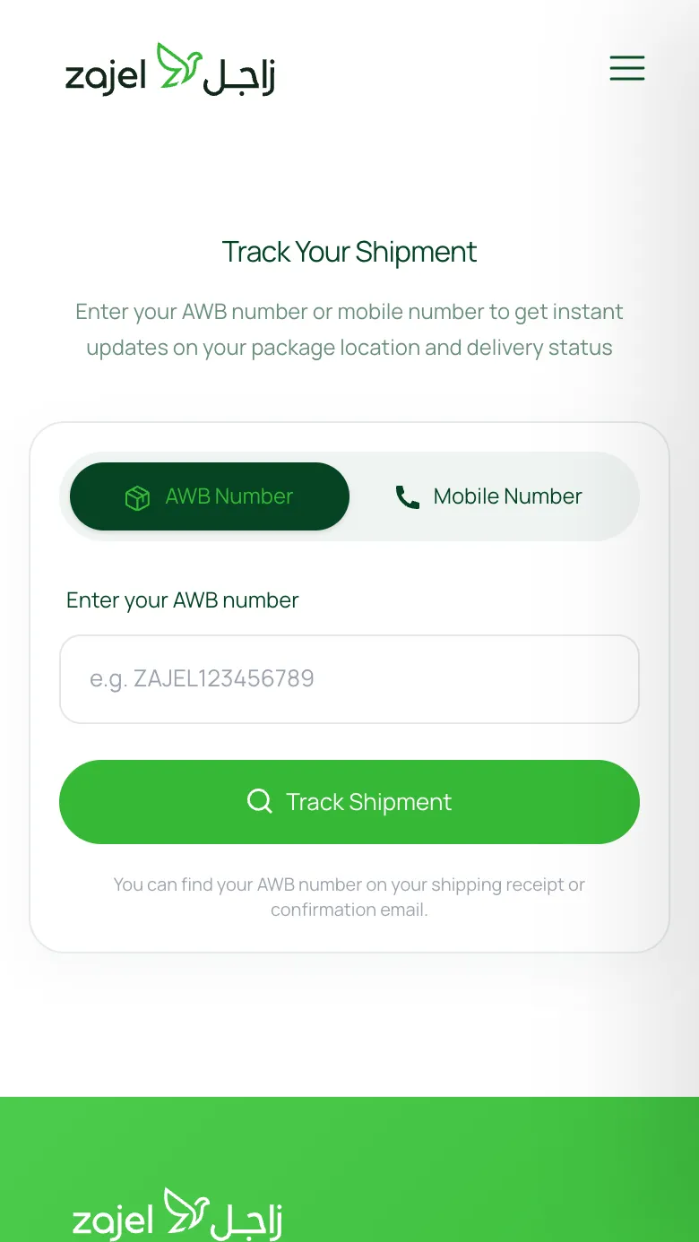 Track Your Shipment page on a phone, with AWB number and mobile number options and a Track Shipment button
