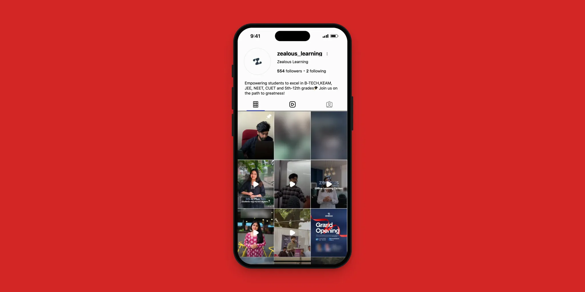 Zealous Learning's Instagram profile on a phone, on a flat red ground: presenter reels for parents in Malayalam and English, with children's faces blurred