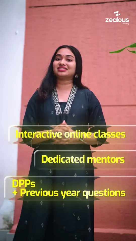 Presenter by a pink wall with the words Interactive online classes, Dedicated mentors and DPPs plus previous year questions, in a Zealous Learning reel