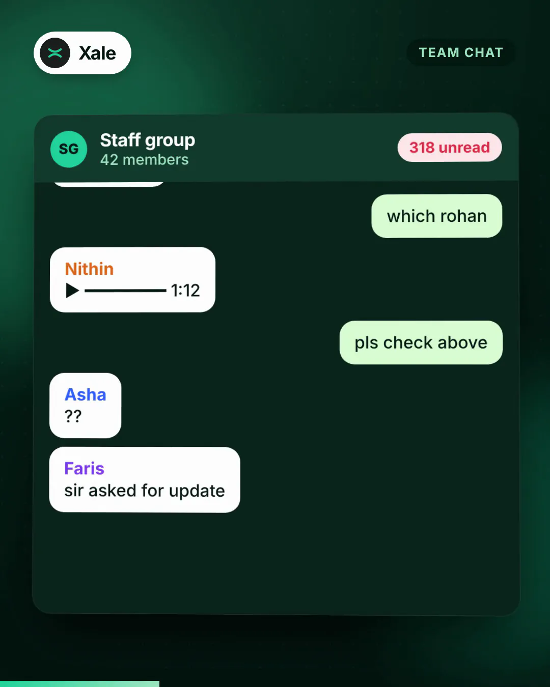 A busy staff WhatsApp group with hundreds of unread messages