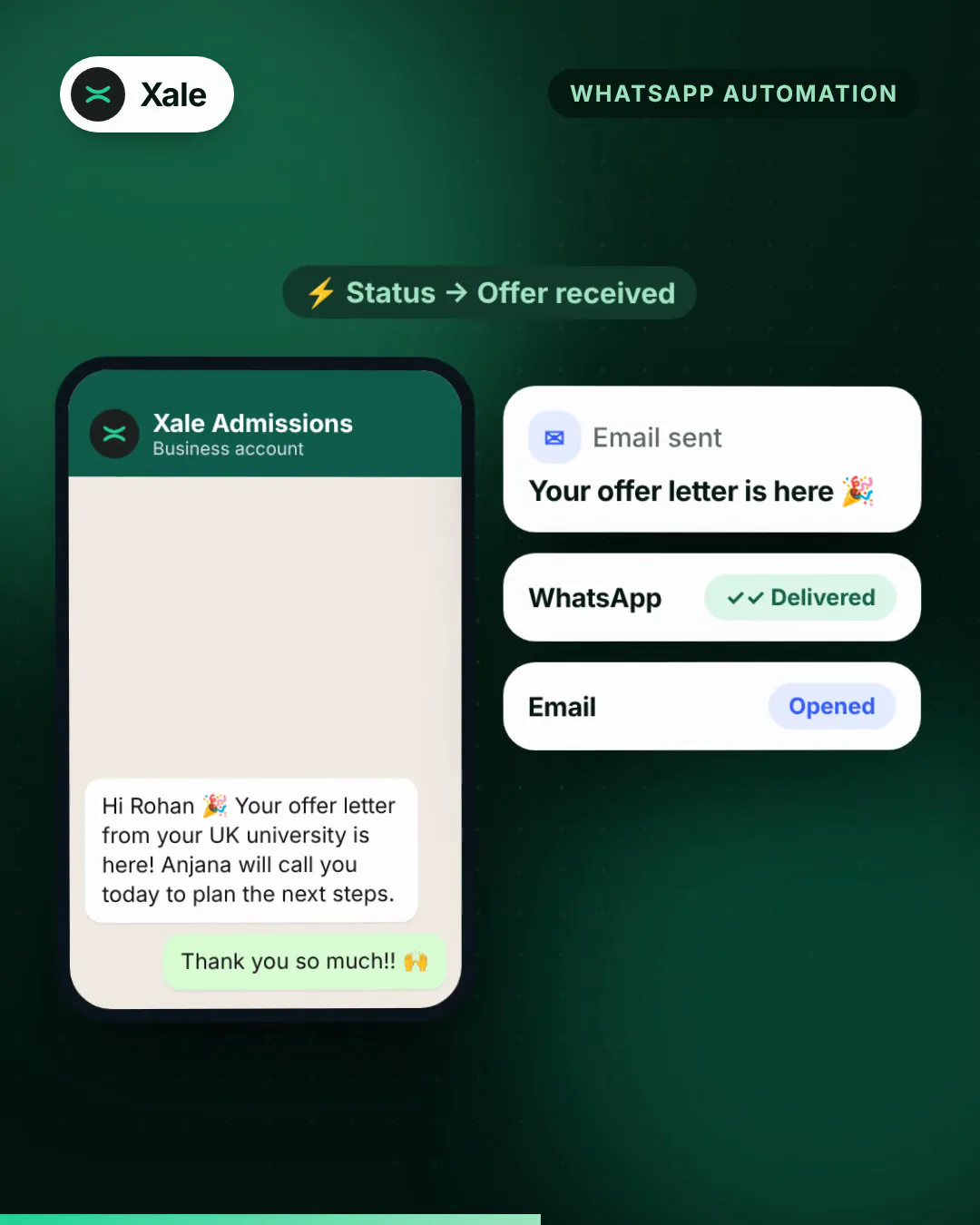 A WhatsApp message telling a student their offer letter is here, marked delivered, beside an opened email (still from WhatsApp updates, sent for you, a product film for Xale CRM)