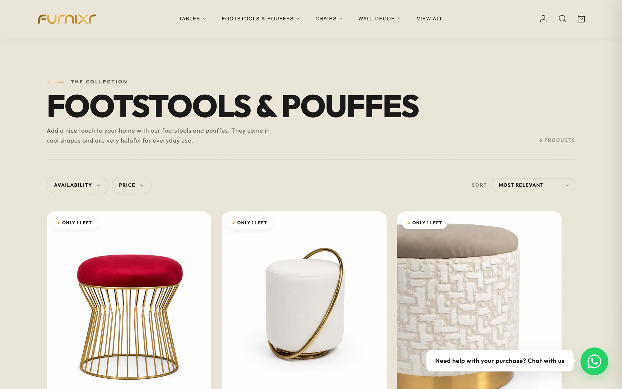 Footstools and pouffes collection page with filters