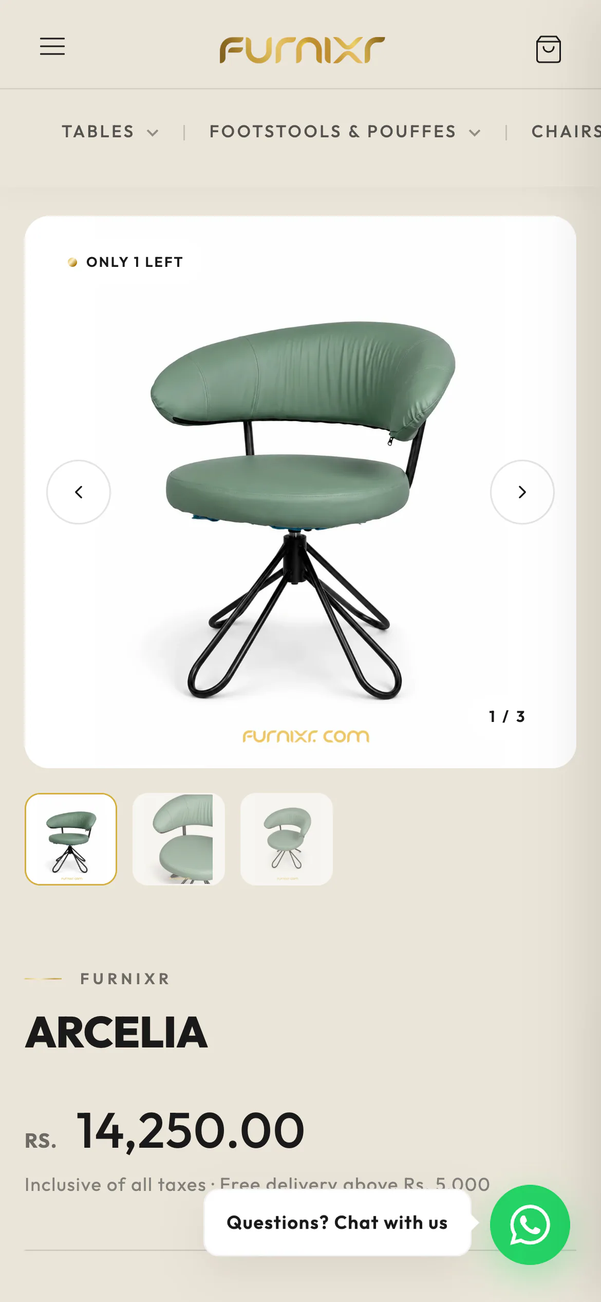 Arcelia chair product page on a phone