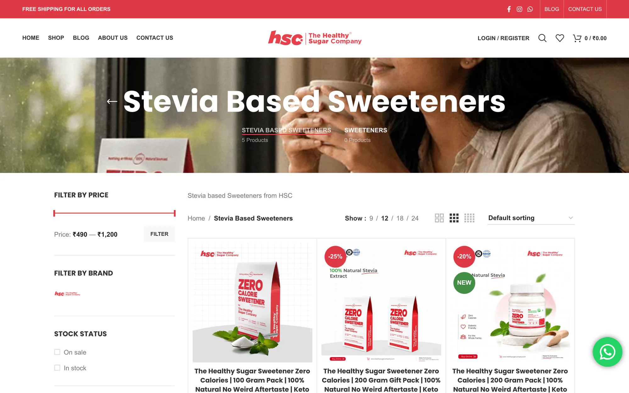 Stevia-based sweeteners category page with price and stock filters