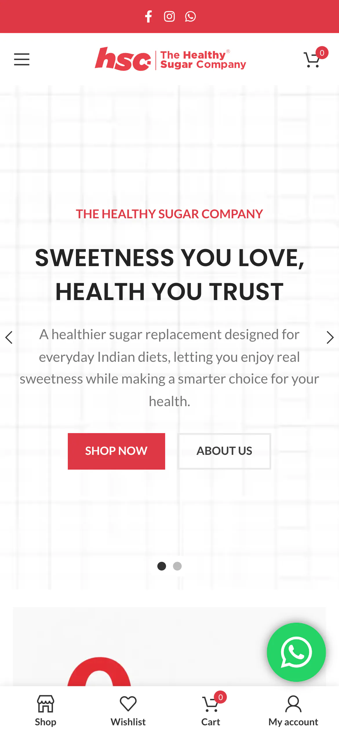 The Healthy Sugar Company home page on a phone