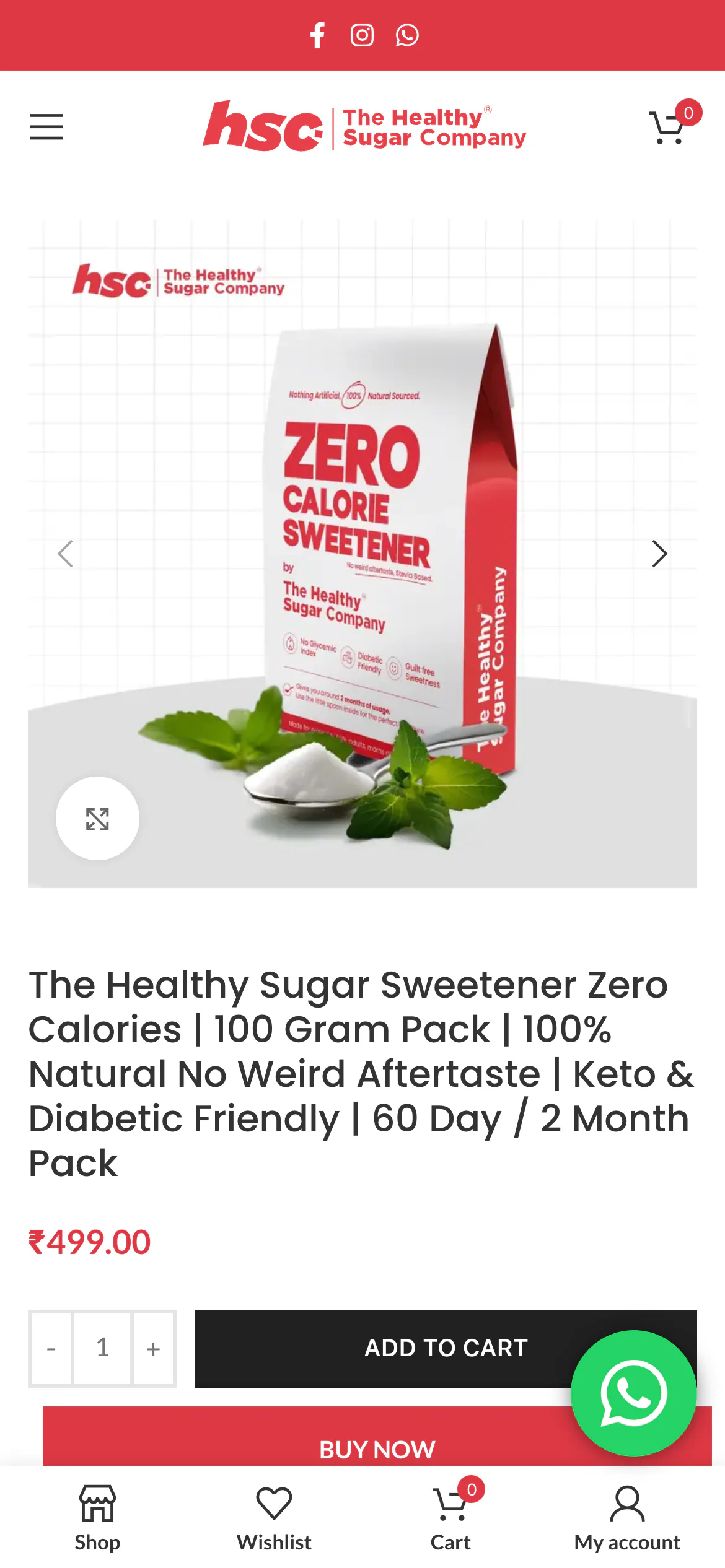 Stevia sweetener product page on a phone